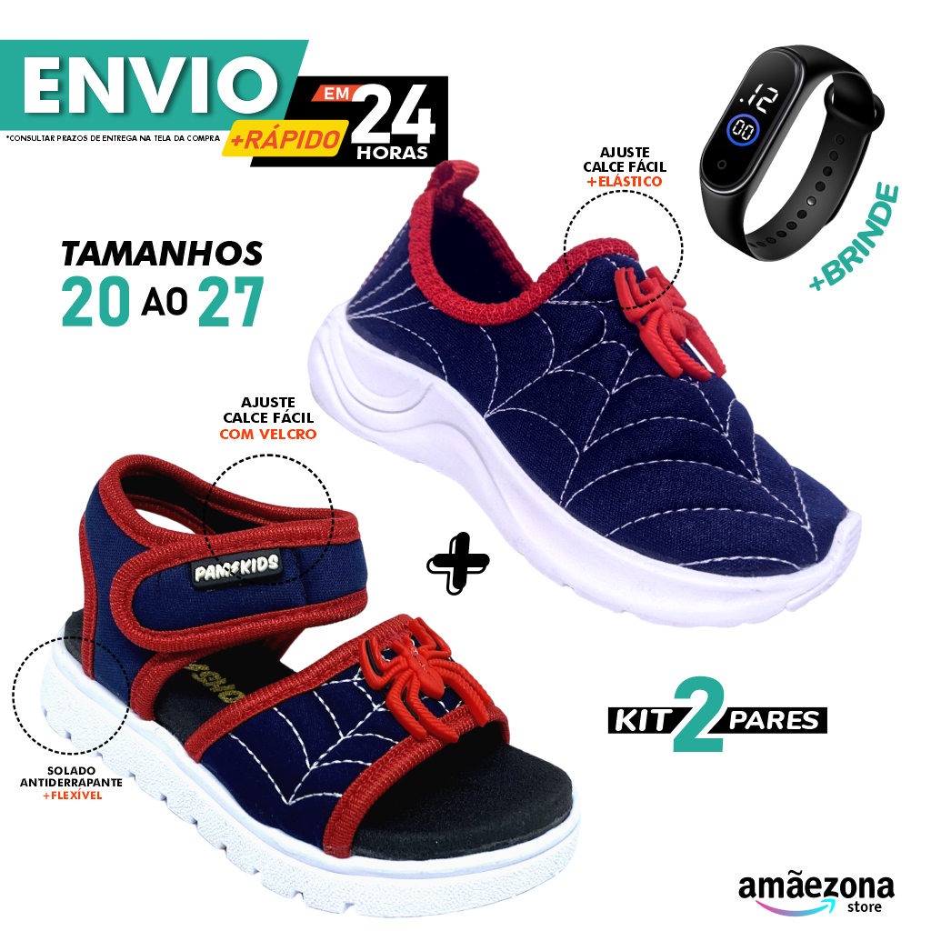 Sandália e Tenis Menino Kit Calce Fácil em tecido papete com fechamento em velcro com relógioem LED