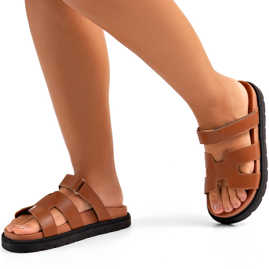 Sandália Papete Feminina Lumiss Blogueira Velcro Ajustável Confortável Caramelo em Oferta na Shopee