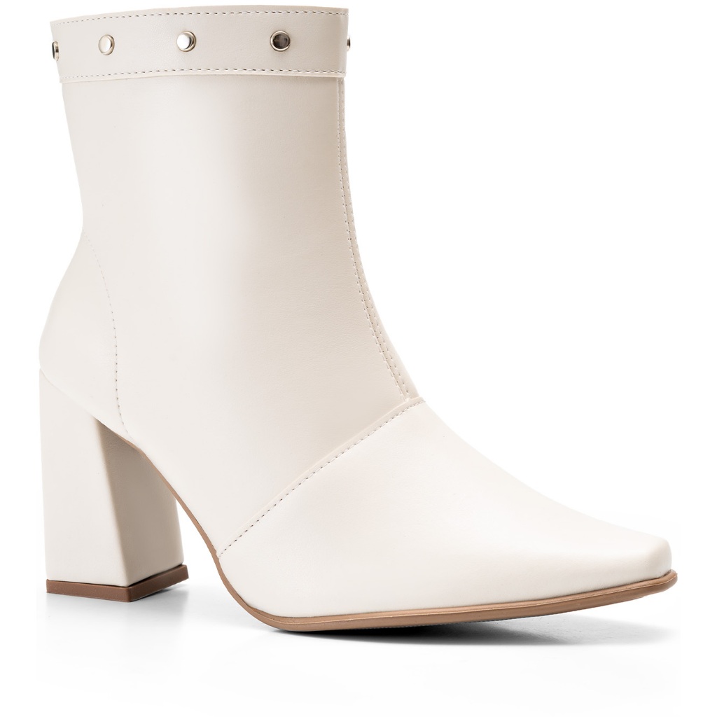 Bota Feminina Lumiss Cano Baixo Salto Alto Bloco Spike Rebite Off White em Oferta na Shopee