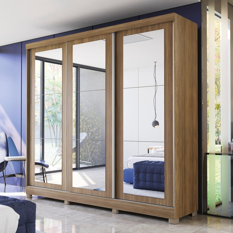 Guarda-Roupa Casal 100% MDF Kappesberg 3 Portas de Correr com Espelhos 8 Gavetas Nogueira - Home & Living