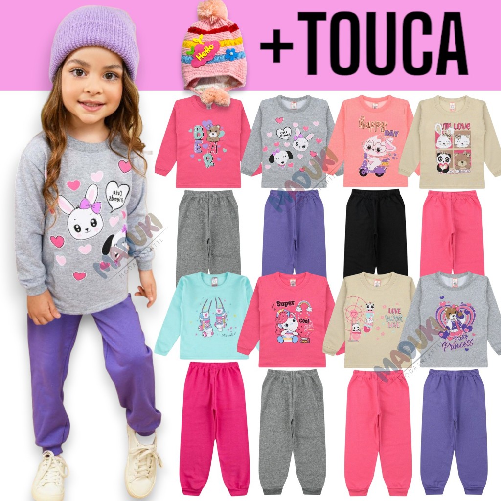 Kit 10 Peças Moletom + Touca Infantil Menina 1 a 8 Inverno