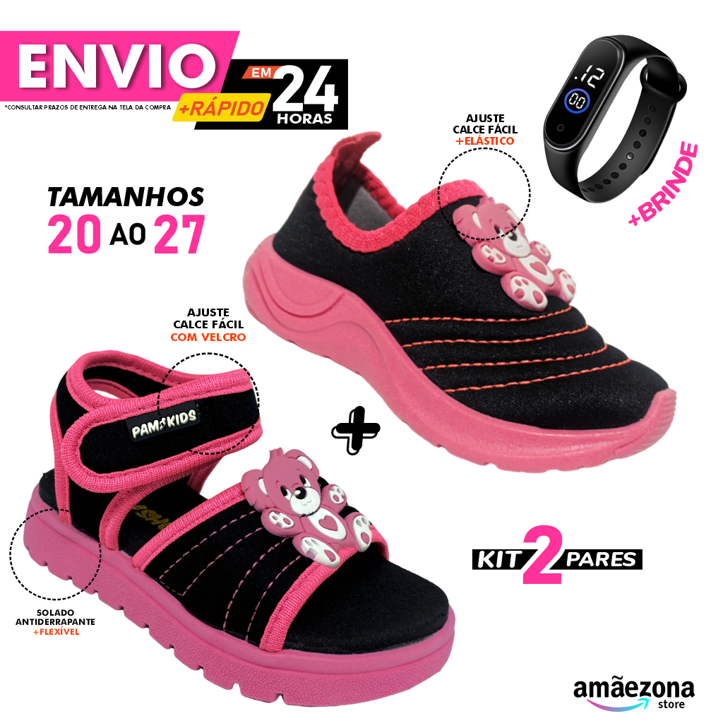 Sandália Papete e Tenis Calce fácil Kit 2 pares Em tecido aplique emborrachado muito leve Ursinho