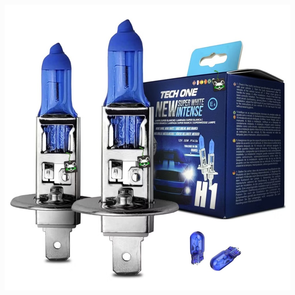 Kit Par Lâmpada Super Branca H1 8500k Tipo Xênon 12V 55W + Par lâmpada T10 Super Branca (PINGO) Techone