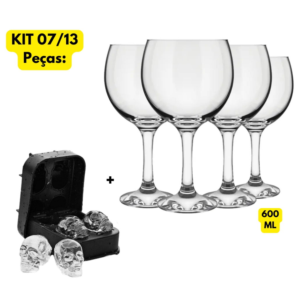 Jogo Kit 06/12 Taças Gin Tonica 600ML + 01 Forminha De Gelo Silicone Caveira Preto Skull Clink