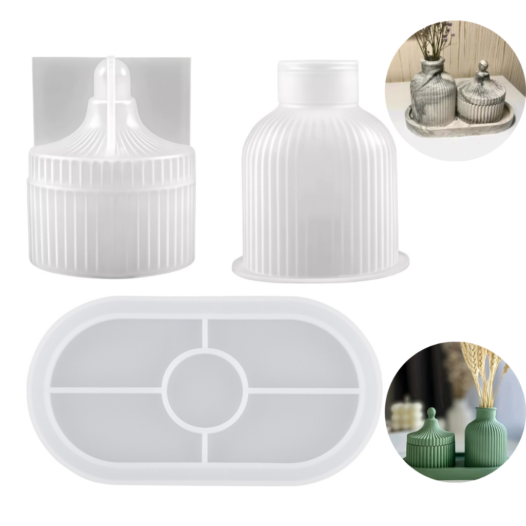 Kit 3 Formas Moldes Silicone Bandeja 18cm + Vaso Decorativo + Porta Joias Cimento Gesso Resina