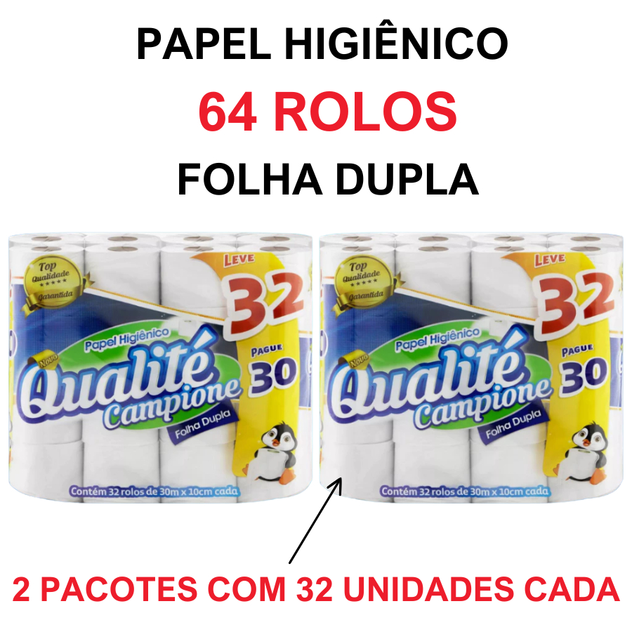 Kit 64 Rolos Com 30m Cada do Papel Higiênico Folha Dupla Qualité Campione Kit 64 Rolos Com 30m Cada do Papel Higiênico Folha Dupla Qualité Campione