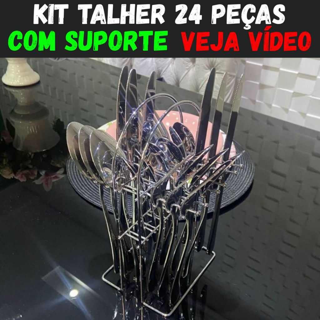 Jogo de Talheres 24 Peças Garfo Colher Faca Inox Faqueiro Completo Talher Prata Polido Com Suporte