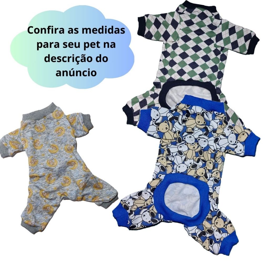 Macacão Pijama Pet Roupa Pet Flanelado Estampado para Cachorro Peq. Raças Raças e Gatos