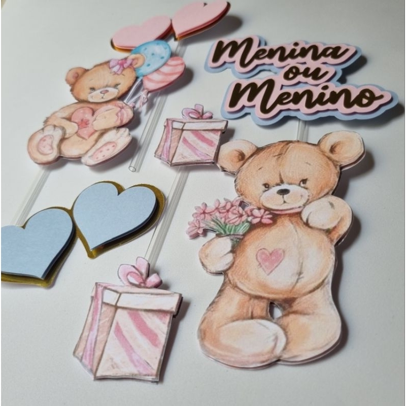 Topo para Bolo Chá Revelação Ursinho - Topper Bolo Personalizado Bebê / Menina ou Menino