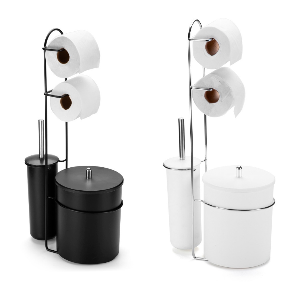 Lixeira com Suporte Papel Higiênico Escova Sanitária Papeleira Preto Black e Cromado Branco Banheiro - Home & Living