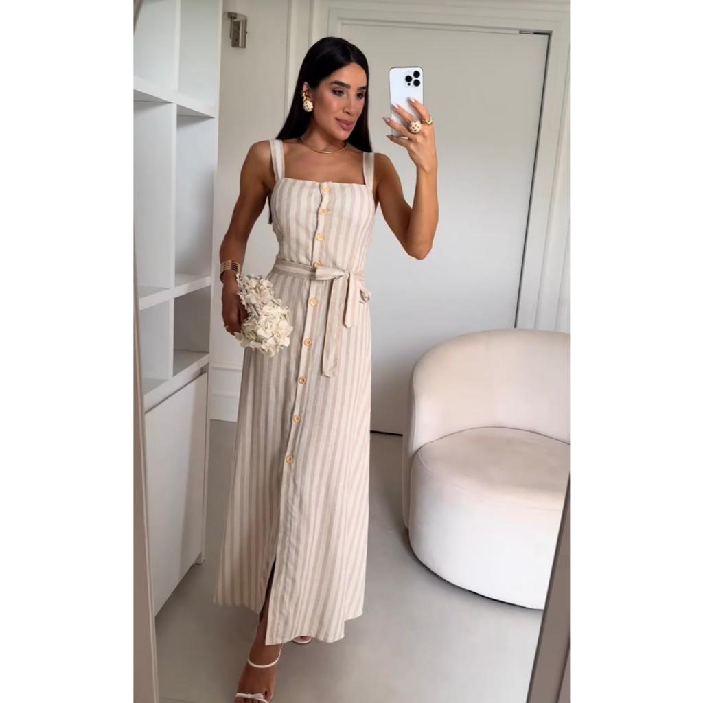 VESTIDO LONGO LINHO FENDA LISTRADO COM BOTÃO ALCINHA REGATA GOLA QUADRADA MODA EVANGELICA em Oferta na Shopee