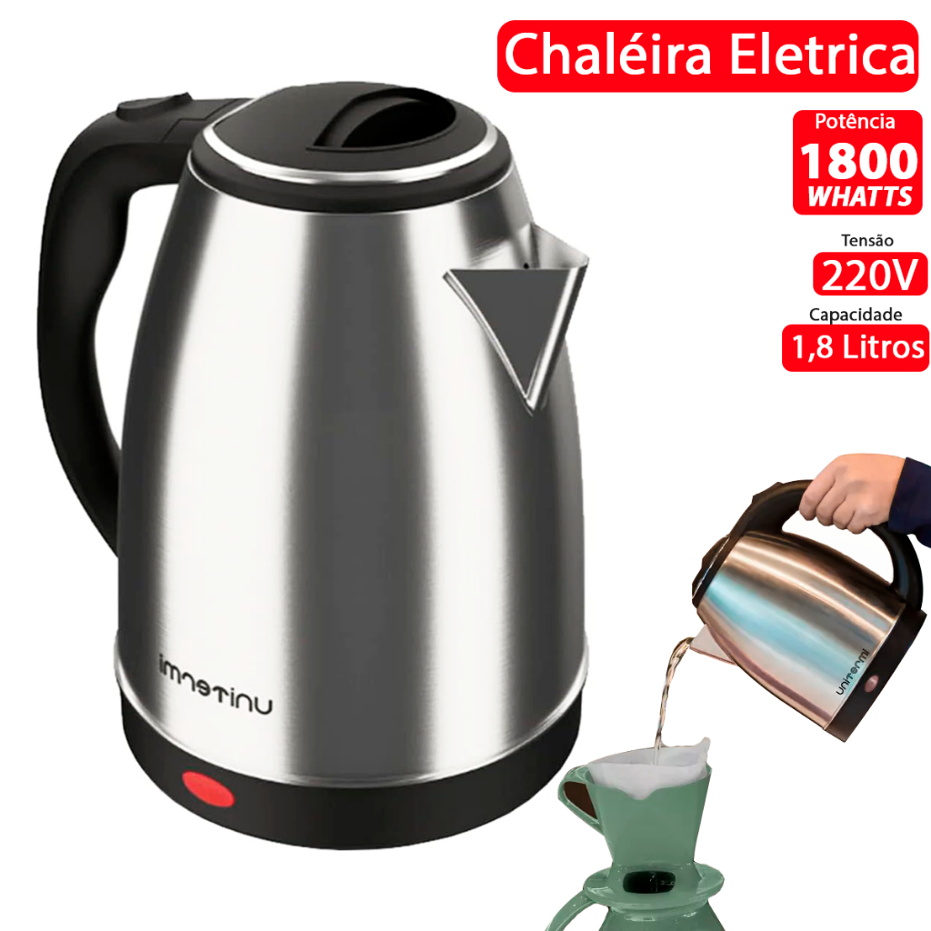 Chaleira Eletrica de Inox Potencia 1800W Tensão 220V 1,8 Litros - Chá e Café Jarra Bule Elétrico