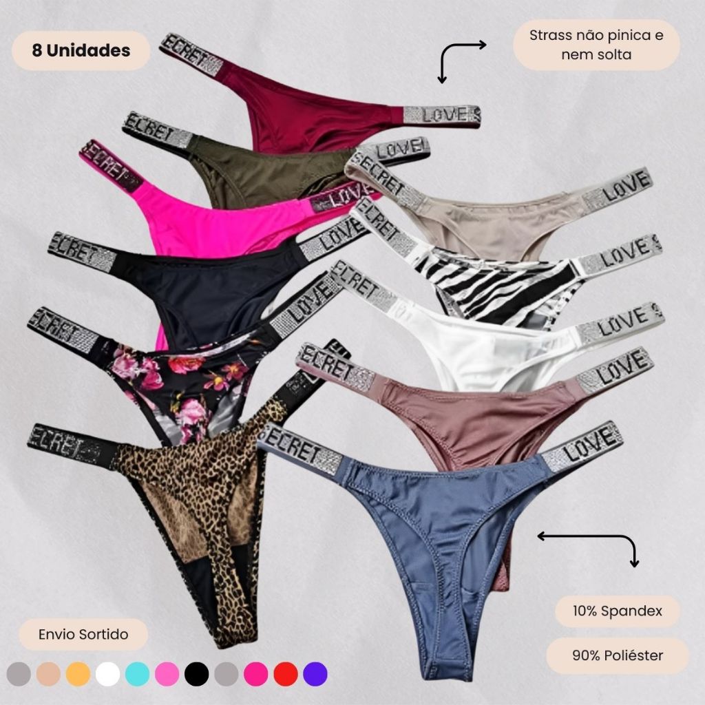 Kit 8 Calcinhas fio Dental Strass Love  - Cores Variadas em Oferta na Shopee