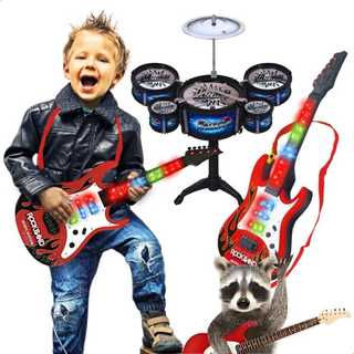 Guitarra infantil Vermelha com som e luz + bateria de mesa brinquedo educativo menino menina Natal