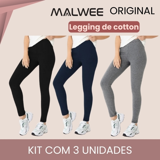 Kit 3 Calça Legging Feminina Adulto Básica Algodão Malwee Cotton Treino Presente Dia dos Namorados