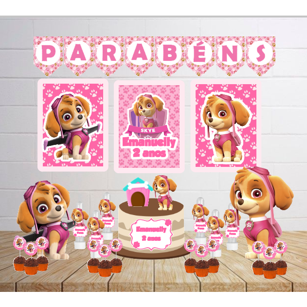 Kit Personalizado Festa Skye Patrulha Canina Rosa Infantil Decoração Aniversário Mesversário Só Um Bolinho Lembrancinhas
