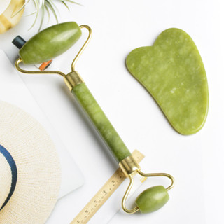 Rolo Pedra de Jade + Placa Gua Sha Massagem Facial Anti Ruga Rolinho Jade Lançamento em Oferta na Shopee