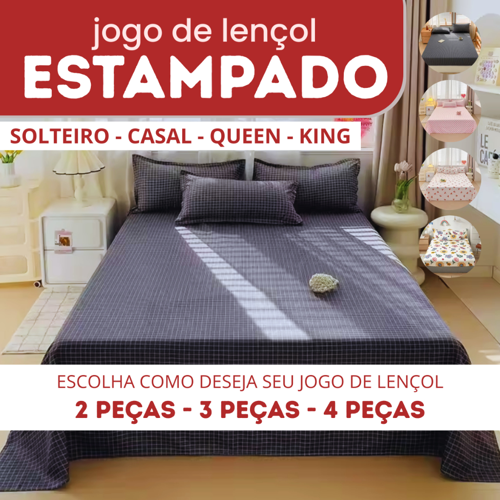Jogo de Lençol Estampado Microfibra:  2, 3 ou 4 Peças - Solteiro - Casal - Queen - King em Oferta na Shopee