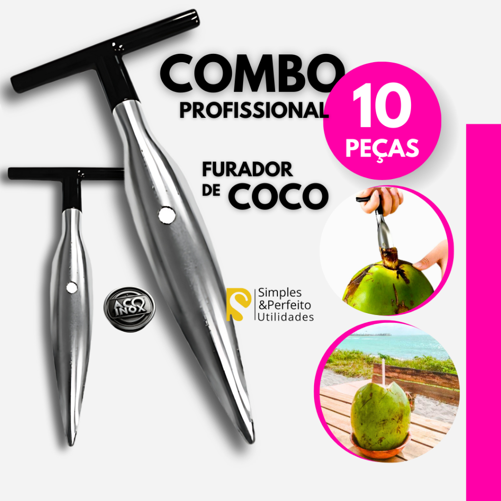 Kit 10 Furador de Coco Inox Abridor Fura Coco em Casa Praia Quiosque Bar e Restaurante