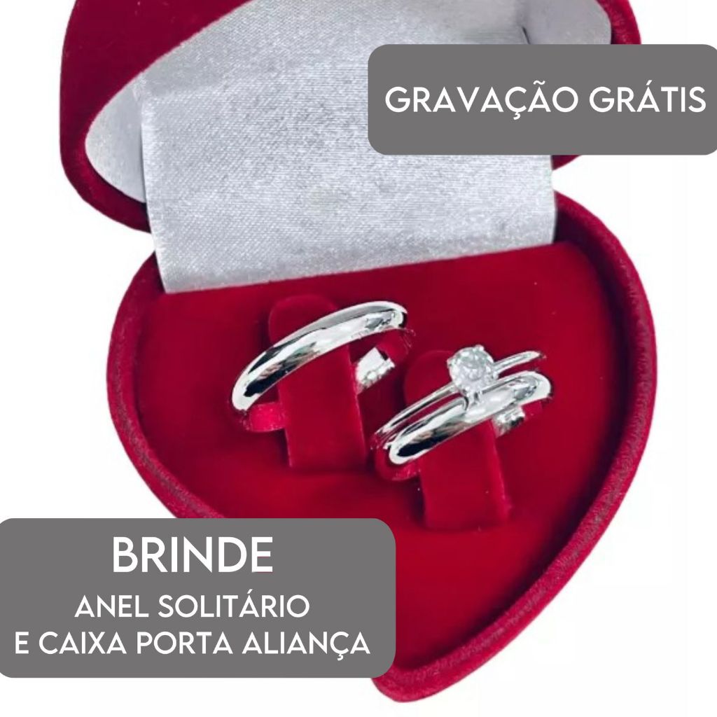 Par De Alianças Fina Lisa Prata Com Anel Solitário E Gravação Grátis Namoro Compromisso + Caixa