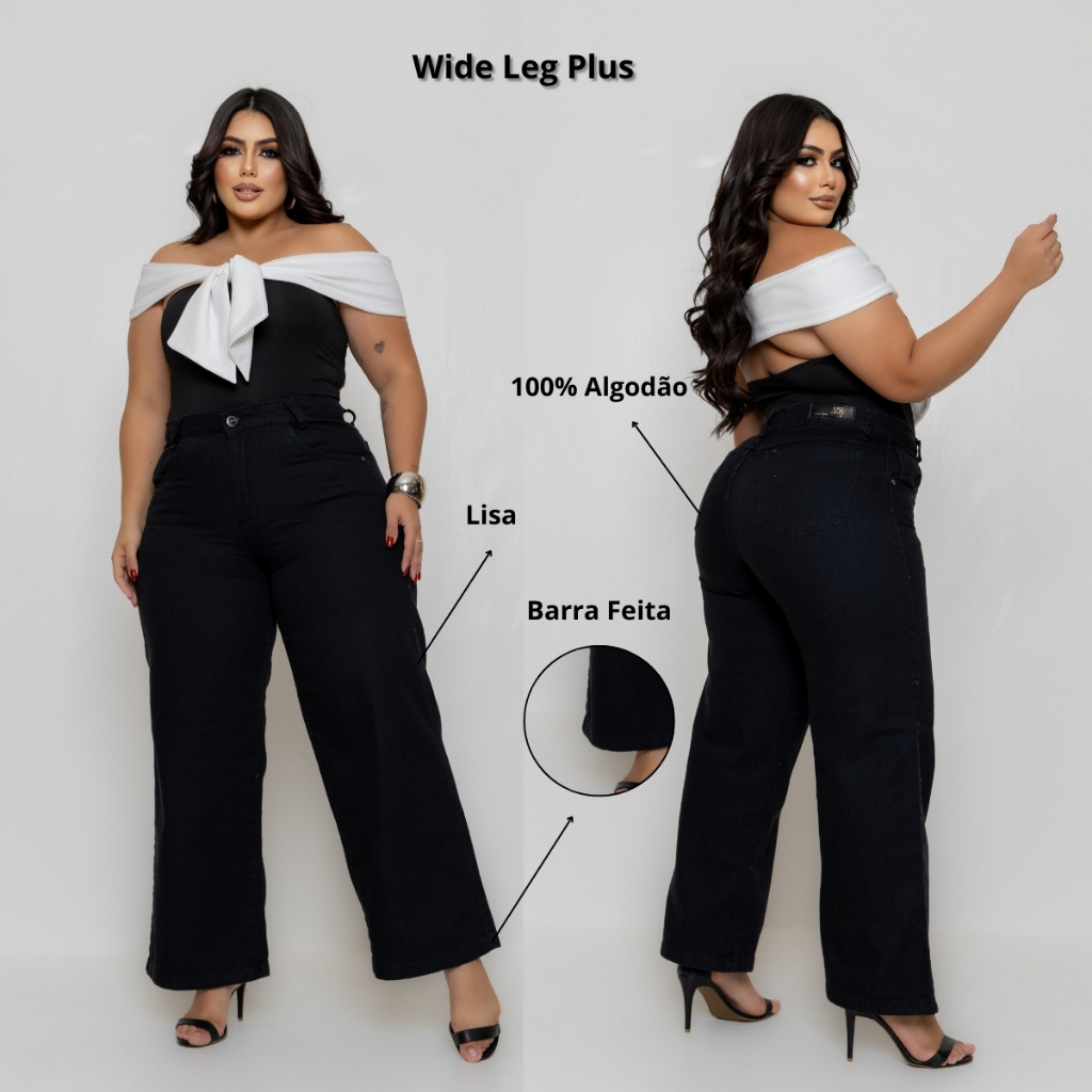 Calça Wide Leg Jeans Preta Plus Size Lisa Básica Barra Feita