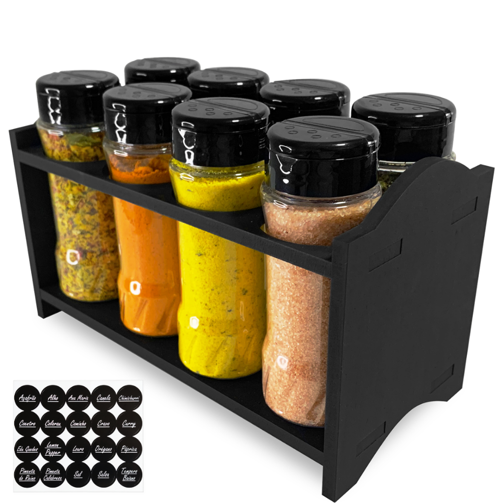 Suporte Berço Tempero Condimentos com 8 Potes 130ml Tampa Dupla + Etiquetas em Oferta na Shopee