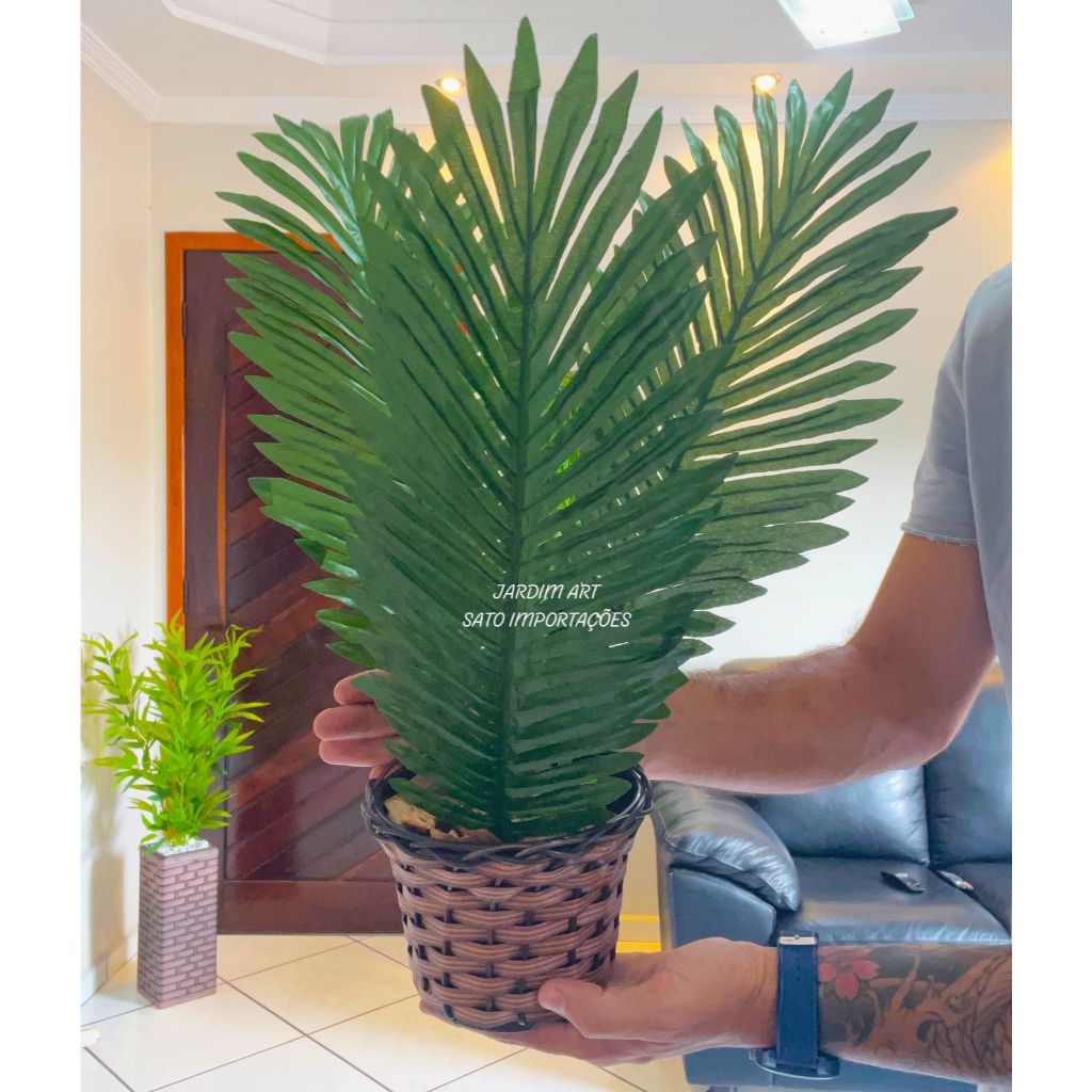 Arranjo Completo 3 Folhas de Palmeira Coqueiro + Vaso trançado + Casca de Árvore + Argila – Decoração Natural PT15