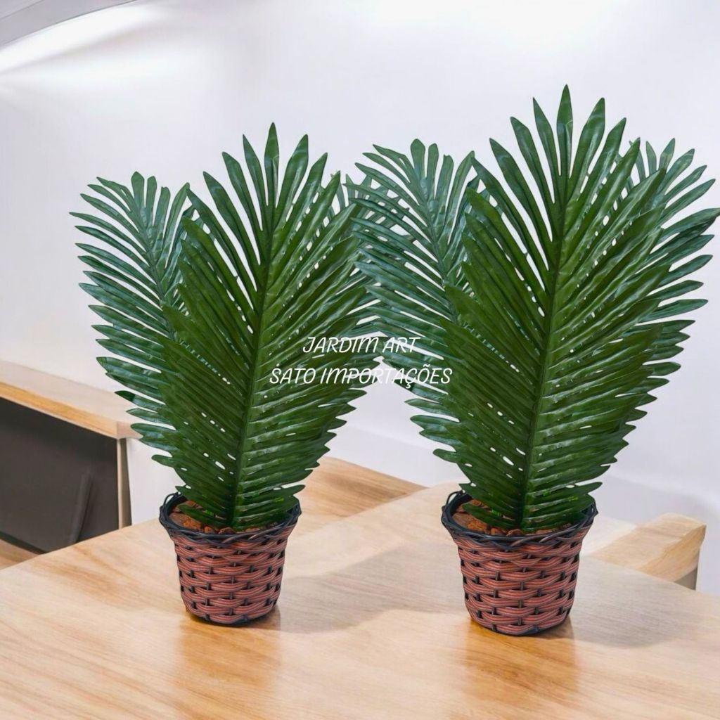 Toque de Natureza! 2 Arranjo 3 Folhas de Palmeira Coqueiro + Vaso trançado+ Casca de Árvore + Argila PT15