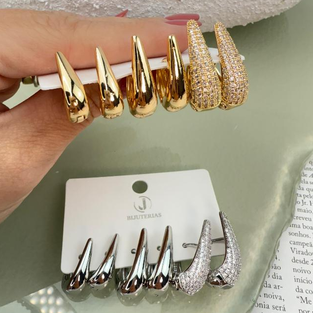 Brinco Trio Argola com Fileiras de Zircônias Cravejada Kit 3 pares Argolinhas Folheadas