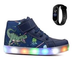 Tenis Botinha Infantil Luzinha De Led Dinossauro + Relogio