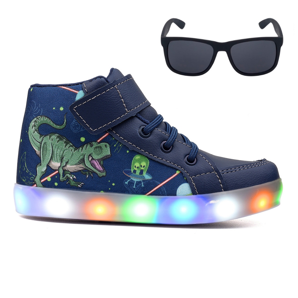 Tenis Botinha Infantil Luzinha De Led Dinossauro + Oculos em Oferta na Shopee