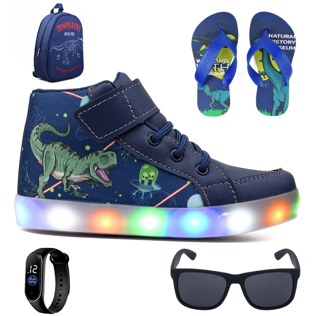 Tenis Botinha Infantil Luzinha De Led Dinossauro + Mochila + Chinelo + Oculos + Relogio em Oferta na Shopee
