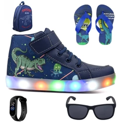 Tenis Botinha Infantil Luzinha De Led Dinossauro + Mochila + Chinelo + Oculos + Relogio
