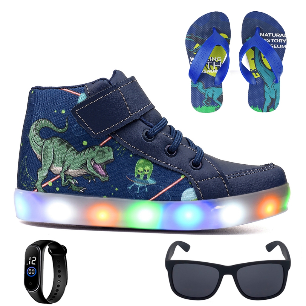 Tenis Botinha Infantil Luzinha De Led Dinossauro + Chinelo + Oculos + Relogio em Oferta na Shopee