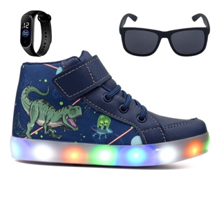 Tenis Botinha Infantil Luzinha De Led Dinossauro + Oculos + Relogio em Oferta na Shopee
