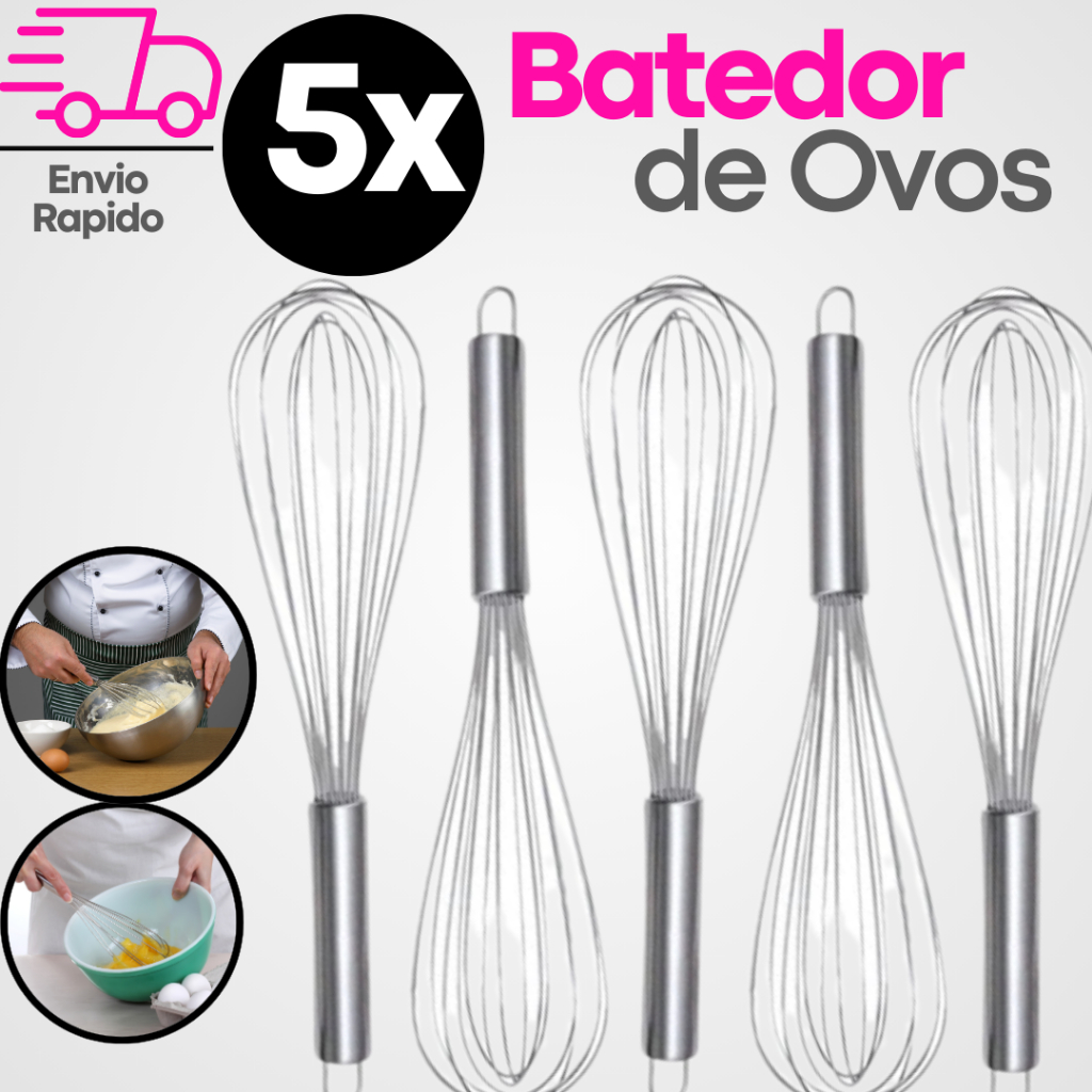 Jogo 5 Batedores de Ovos e Massas Inox 30cm: Fuê/Fouet Profissional Resistente