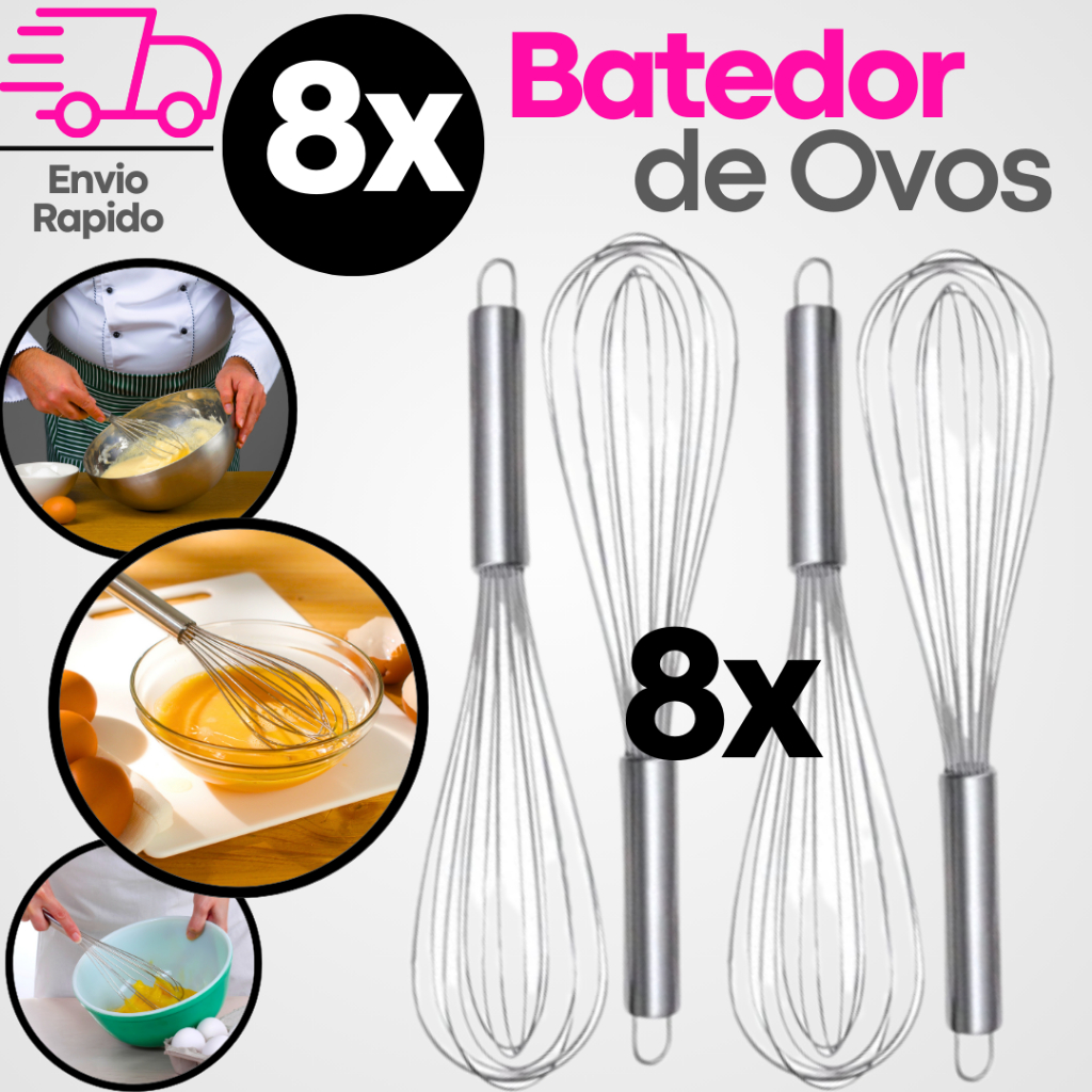 Kit 8 Batedores Fuê/Fouet Inox 30cm: Mixer Manual Profissional para Cozinha Gourmet
