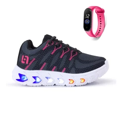 Tênis Infantil de Led Meninas Casual Escolar Luzinha + Relogio