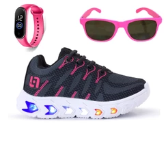 Tênis Infantil de Led Meninas Casual Escolar Luzinha + Oculos + Relogio