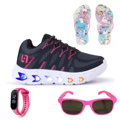 Tênis Infantil de Led Meninas Casual Escolar Luzinha + Chinelo + Oculos + Relogio