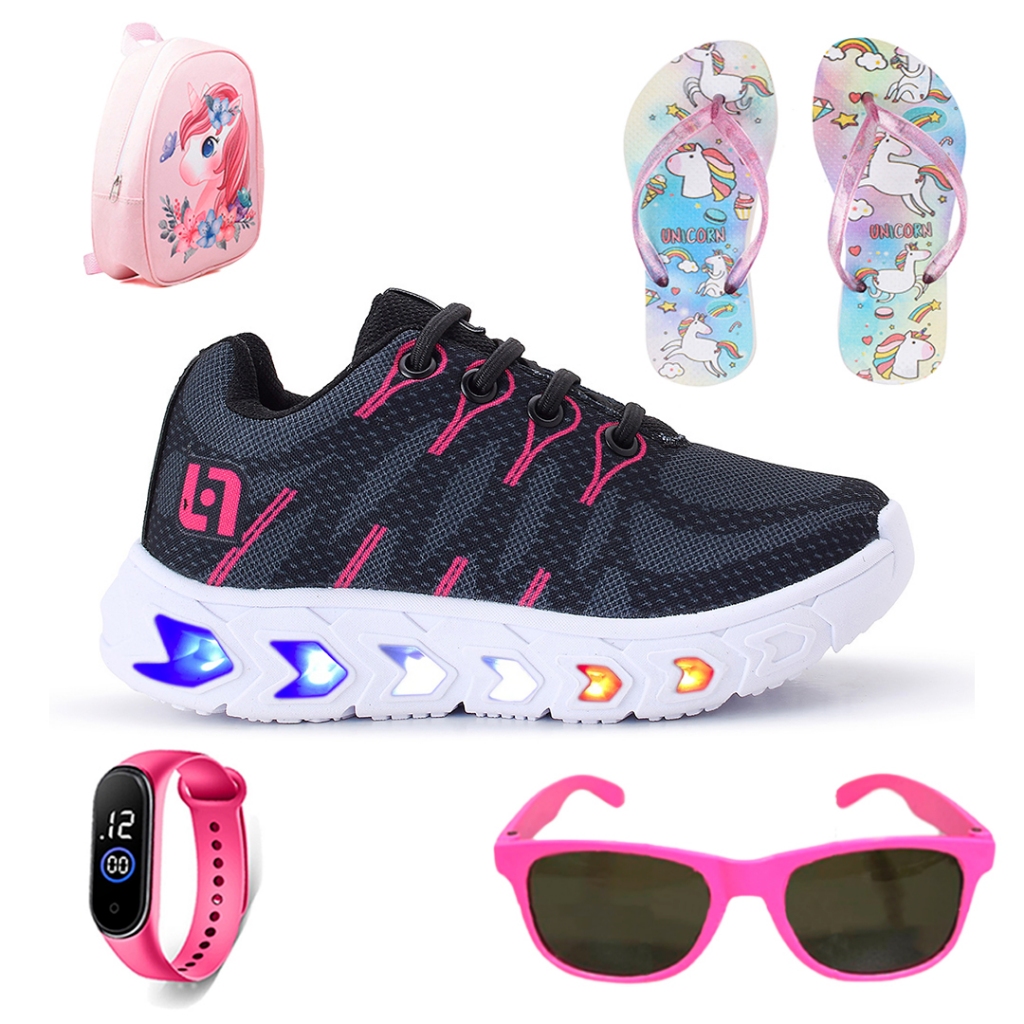 Tênis Infantil de Led Meninas Casual Escolar Luzinha + Mochila + Chinelo + Oculos + Relogio em Oferta na Shopee