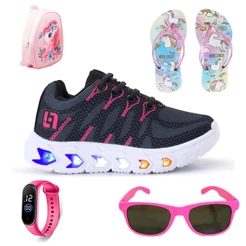 Tênis Infantil de Led Meninas Casual Escolar Luzinha + Mochila + Chinelo + Oculos + Relogio