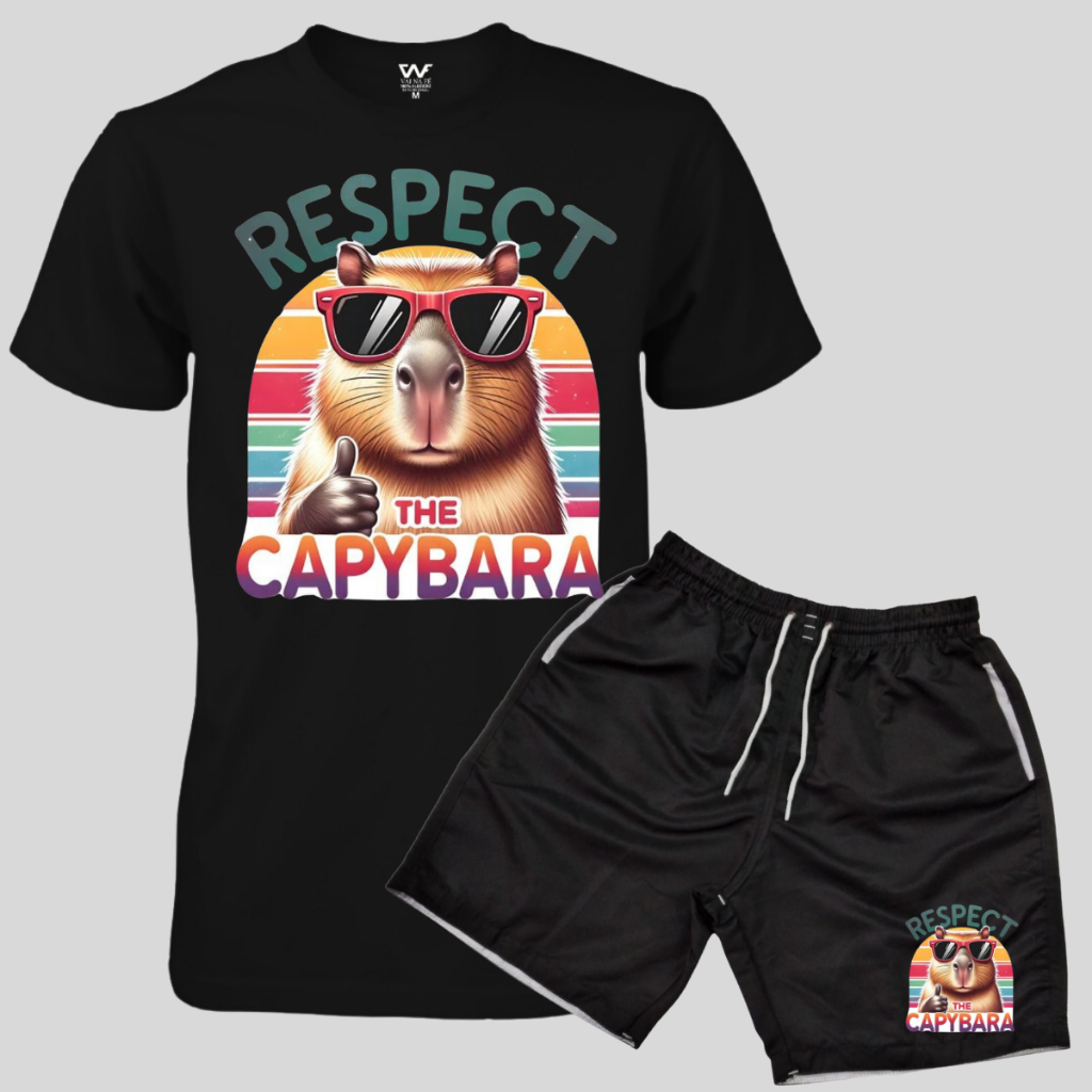 Conjunto Capivara Short de Praia Masculino + Camiseta Capybara Adulto Ou Infantil