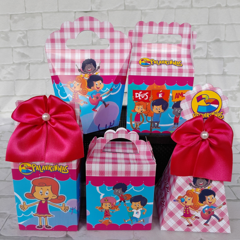 PEGUE E MONTE - Kit Festa Personalizados 3 Palavrinhas Rosa Menina Lembrancinhas para Aniversário Kit Caixinhas Mimos