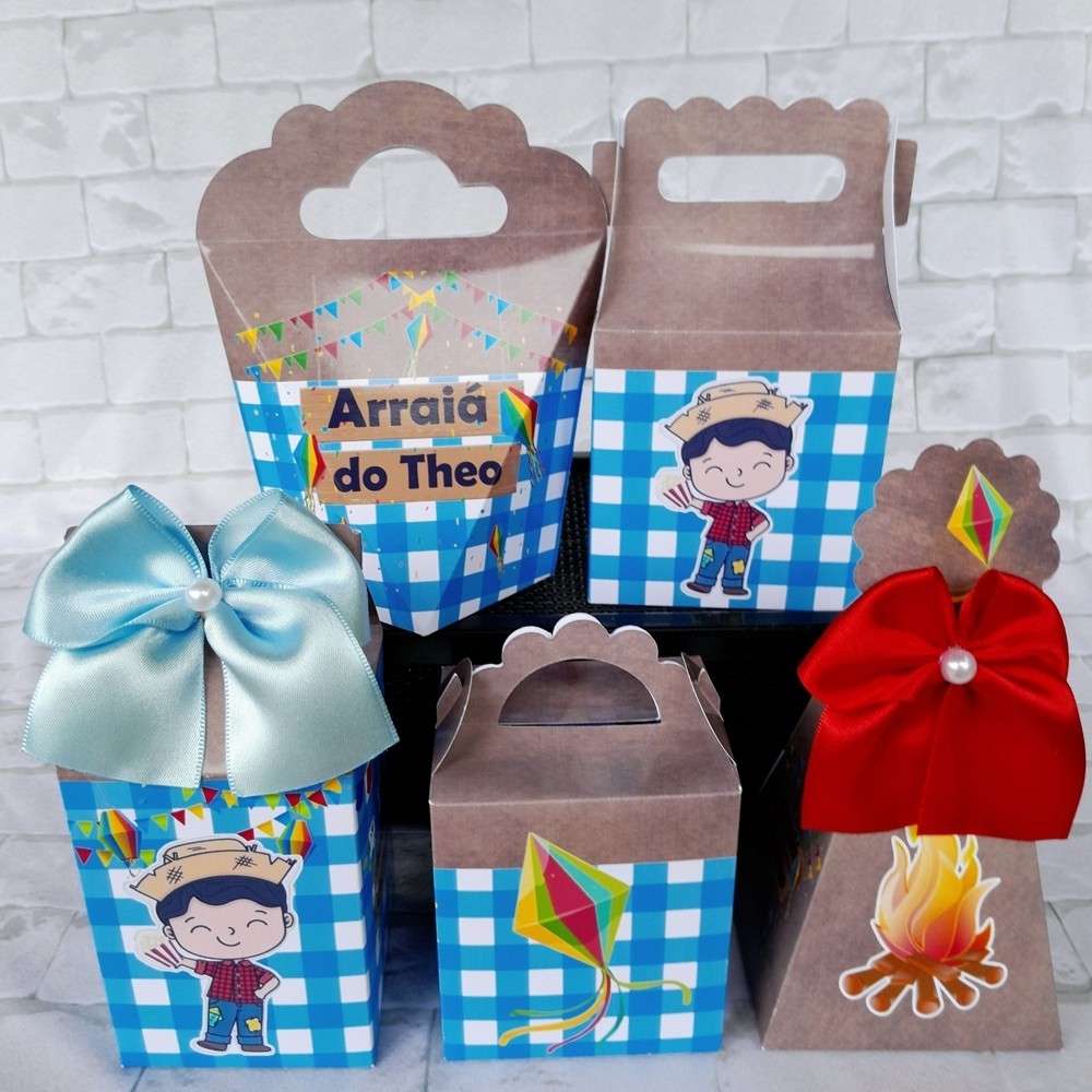 PEGUE E MONTE - Kit Festa Personalizados Arraía Festa Junina Azul Lembrancinhas para Aniversário Kit Caixinhas