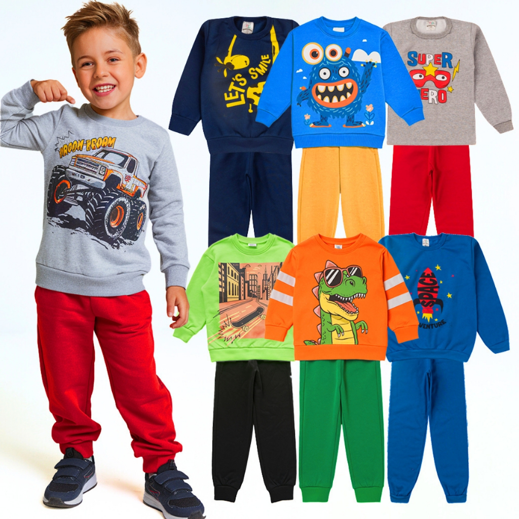 Kit 6 peças Moletom Infantil Menino 1 ao 14 Conjunto Masculino Outono Inverno