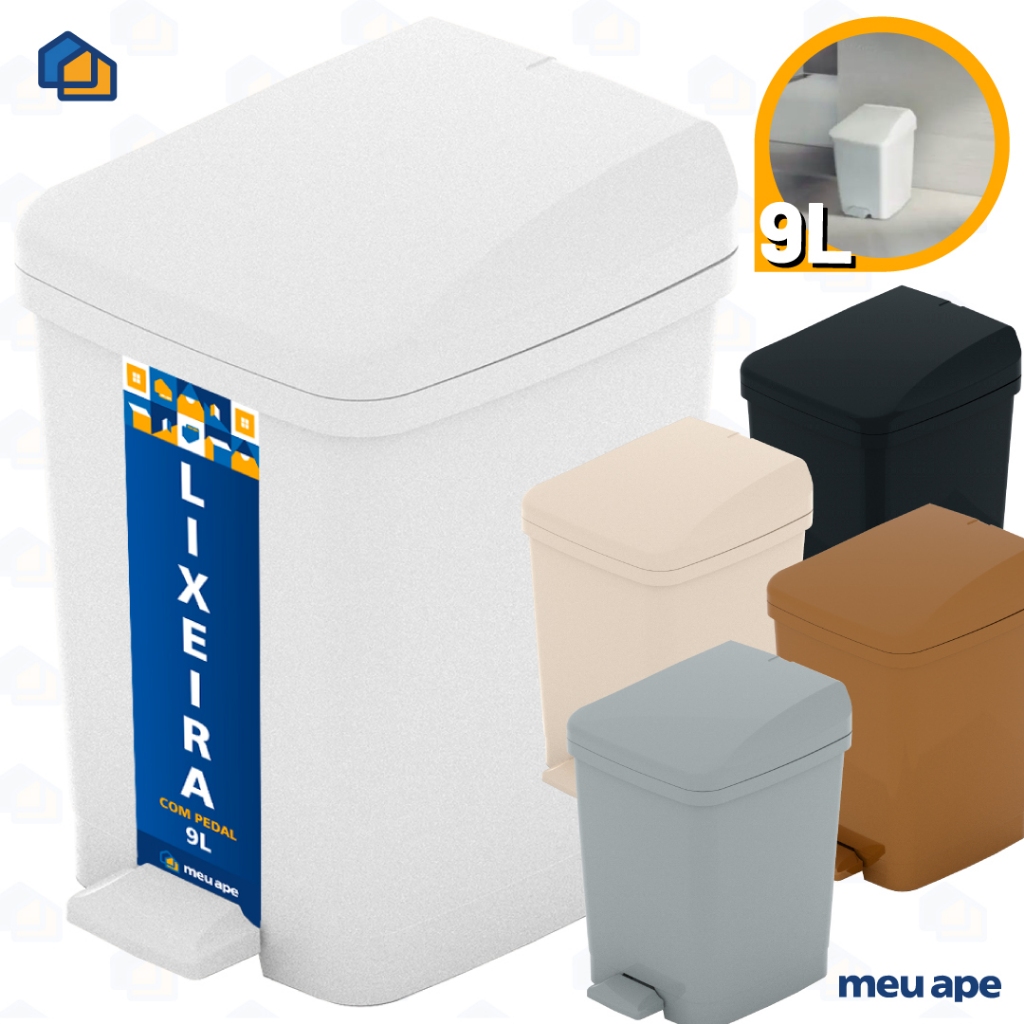 Lixeira Plástica Com Pedal Cesto Lixo Cores Retangular Cozinha Banheiro Quarto Escritório 9 Litros
