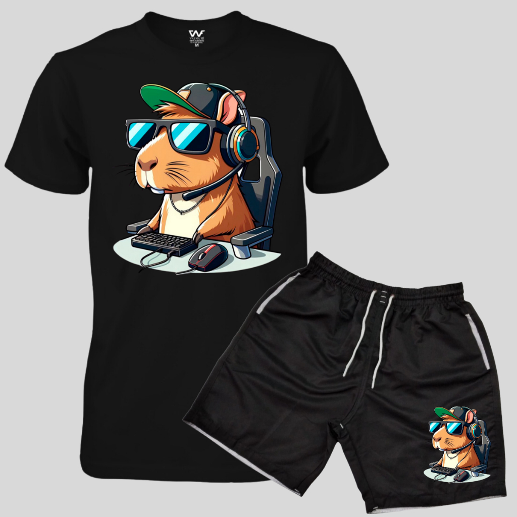 Conjunto Camiseta Capivara Gamer + Short Mauricinho Masculino Moda Praia Piscina