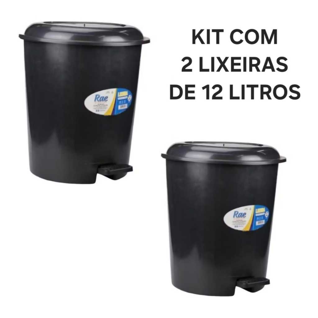 Kit Com 02 Lixeira Redonda 12 Litros  Tampa Pedal Lisa Preta Para Cozinha Banheiro Escritorio  Evita Odores em Oferta na Shopee