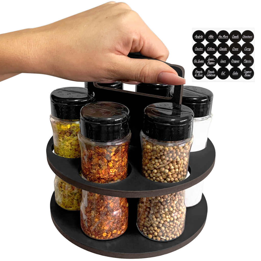 Porta Temperos Condimentos Redondo 6 Potes 130ml Tampa Dupla + Etiquetas em Oferta na Shopee